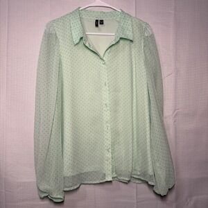 VERO MODA Women Mint Green Polka Dot Sheer Puff Sleeve Button Up Shirt Blouse XL